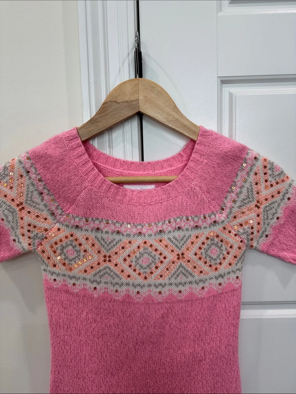 Justice Girls Sweater Dress Pink w/Rose Gold Sequins Short Sleeve, size 10